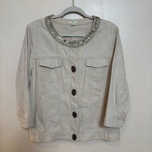 J.Jill Women’s Beige Linen Cotton Beaded Collar Button‎ Front Jacket Size M